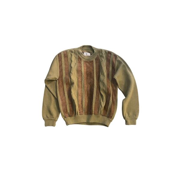 Vintage Olive Green Suede Brown Striped Grandpacore Fall Holiday Sweater - Picture 1 of 9